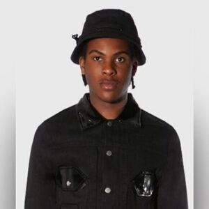 NWT The Hideout Clothing Co Black Denim Octagon Classic Bucket Hat Pull String